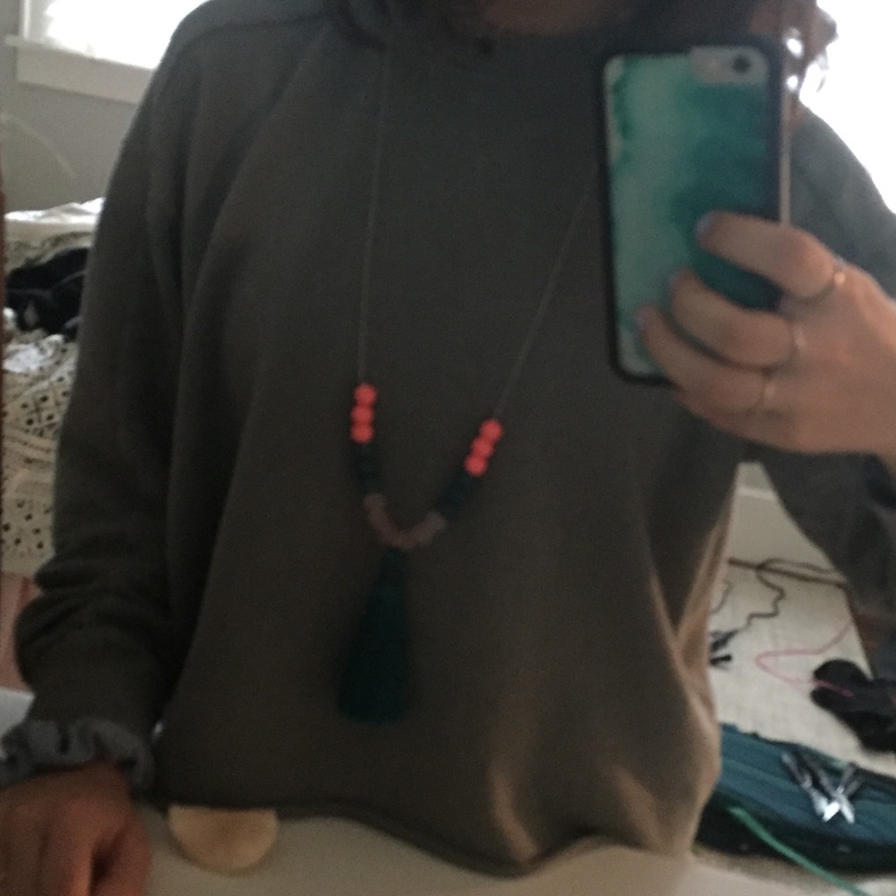 coral + teal beaded tassel necklace